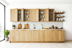 Modern Kitchen with Wooden Cabinets and White Brick Wall